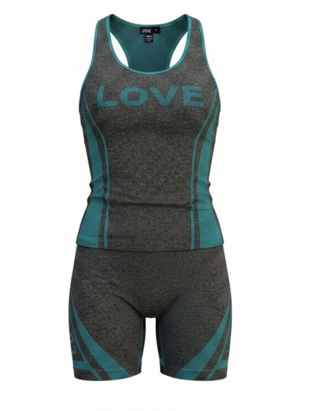Love Women’s 1X/2X 2 Piece Seamless Activewear Set Tank Bike Shorts Teal Gray